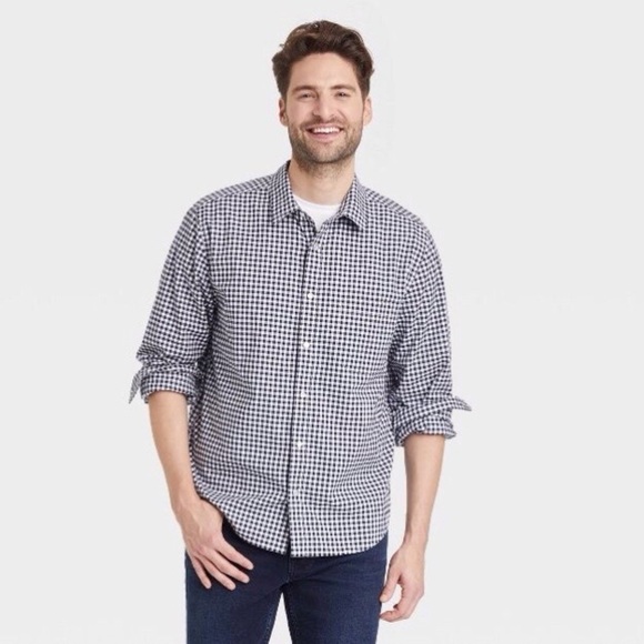 Goodfellow Blue White Gingham Checkered Long Sleeve Button Shirt - Picture 1 of 13